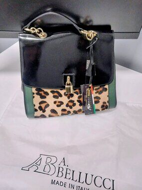 A Bellucci Calf Hair Leopard Patent Leather Handbag Chain Strap Green Black Bag